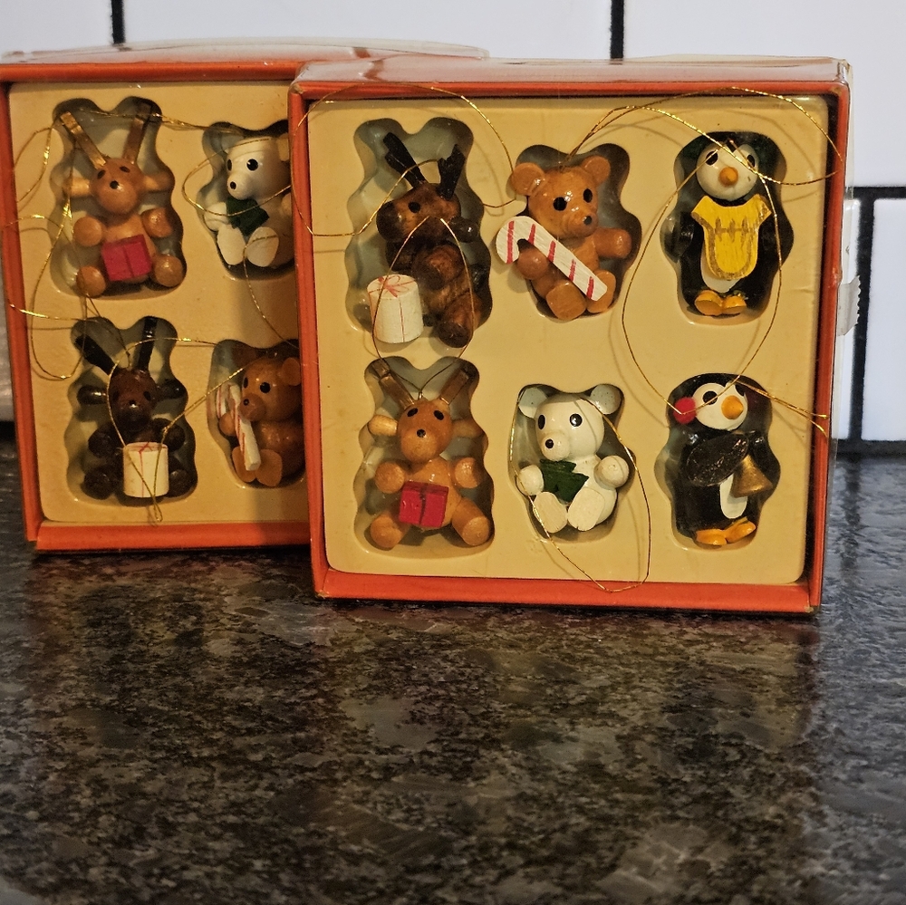 Vtg Dakin 80s Wood Animals Winter Ornaments NOS 12 Total Moose Penguin Bear Pets